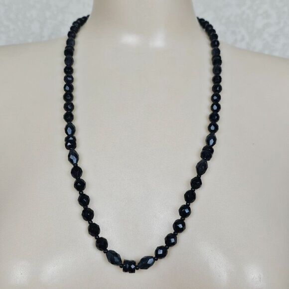 Vintage Jewelry - Vintage Multi Faceted Smoky Gray French Jet Black Glass Bead Necklace 25.5" Long